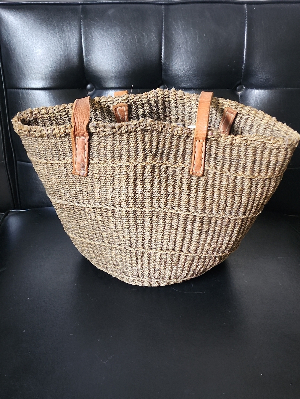 African Woven Sisel Jute Leather Strap Large Market Tote Purse Bag Vintage - Picture 2 of 11